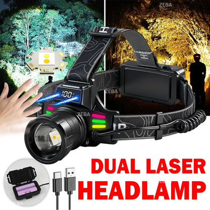 Super Bright Headlamp with Dual Laser & Motion Sensor – USB Rechargeable 18650 Torch for Fishing, Running & Fog