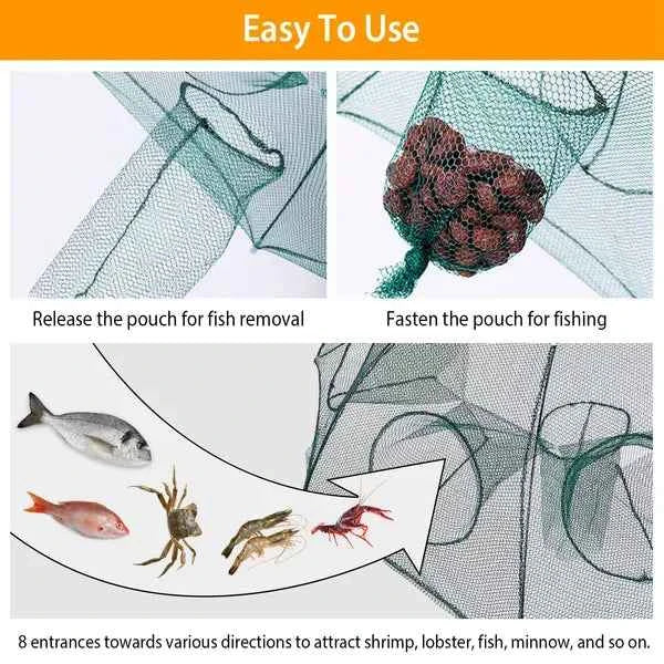 Foldable Fishing Bait Trap with 8 Entrances – Crab, Shrimp, Minnow & Crawfish