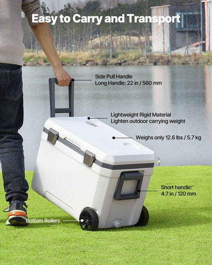 Portable Hard Cooler 45QT | 64-Can Wheeled Cooler with Cup Holder