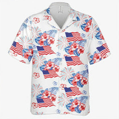 Patriotic American Flag Hibiscus Firework Short-Sleeve Shirt