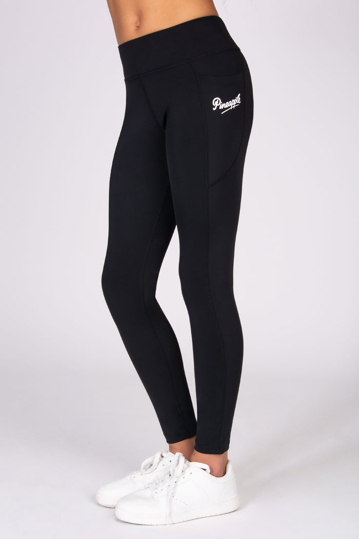 Black leggings with side pockets on a white background