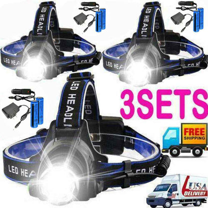 Rechargeable LED Headlamp – 3 Modes, Zoomable, 100m Beam – Single, 2-Pack or 3-Pack
