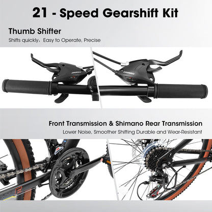 24" Teen Mountain Bike | 21-Speed, Disc Brakes, Front Suspension & Brown Edge Tires