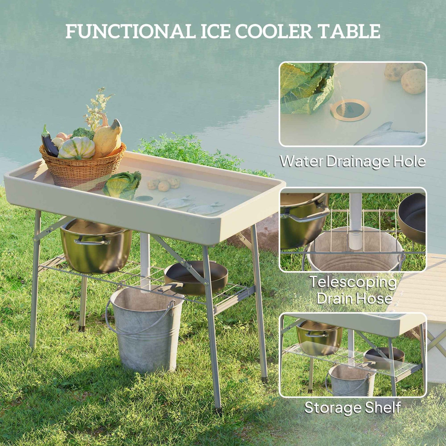 Folding Ice Cooler Table with Drain & Storage Shelf – 110 lb. Capacity