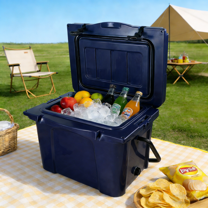 25QT Rotomolded Hard Cooler | 5-Day Ice Retention, Bottle Opener & Cup Holder – Blue