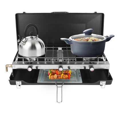 3-Burner Portable Propane Camping Stove – 20,500 BTU, Foldable with Windshield, Oil Tray & Grilling Mesh