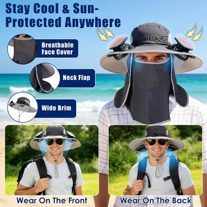 Solar & USB Fan Hat – UPF50, Wide Brim, Face Cover & Neck Flap, 4 Colors