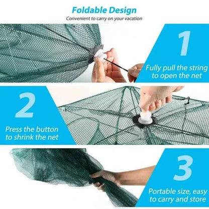 Foldable 6-Sided Fishing Bait Trap Net – 360° Entry for Fish, Shrimp & Crab