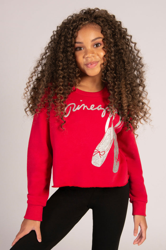 Kids' red christmas jumper with ballet pointe shoes in silver glitter foil by Pineapple Dance Studios.