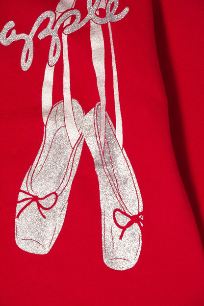 Red Christmas ballet sweater with ballet shoes and bow print in sparkly silver foil.