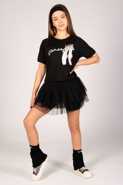 Ballet t-shirt for girls in black light weight fabric featuring short sleeves and a cropped length.