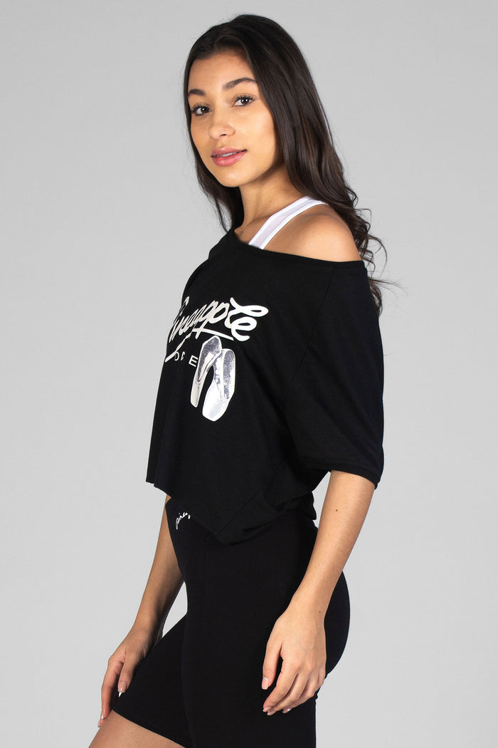 Woman wearing black Ballet Slouchy T-Shirt and black Cycling Shorts