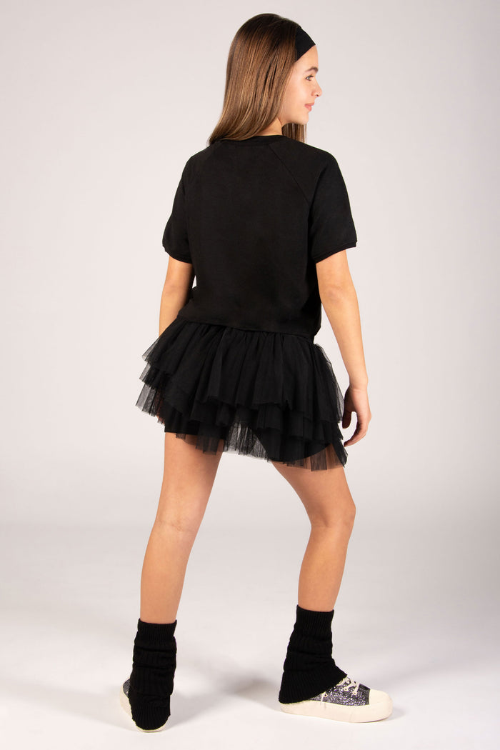 Black dance tee for girls with tutu skirt and leg warmers by Pineapple Dance Studios