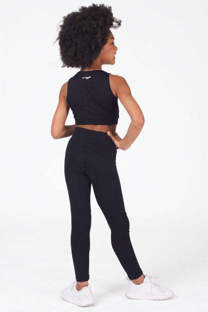 Girl wearing Black Band Leggings and black crop dance vest