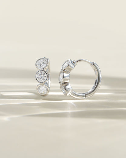 Bezel 3 Stone Huggie Hoop Earrings