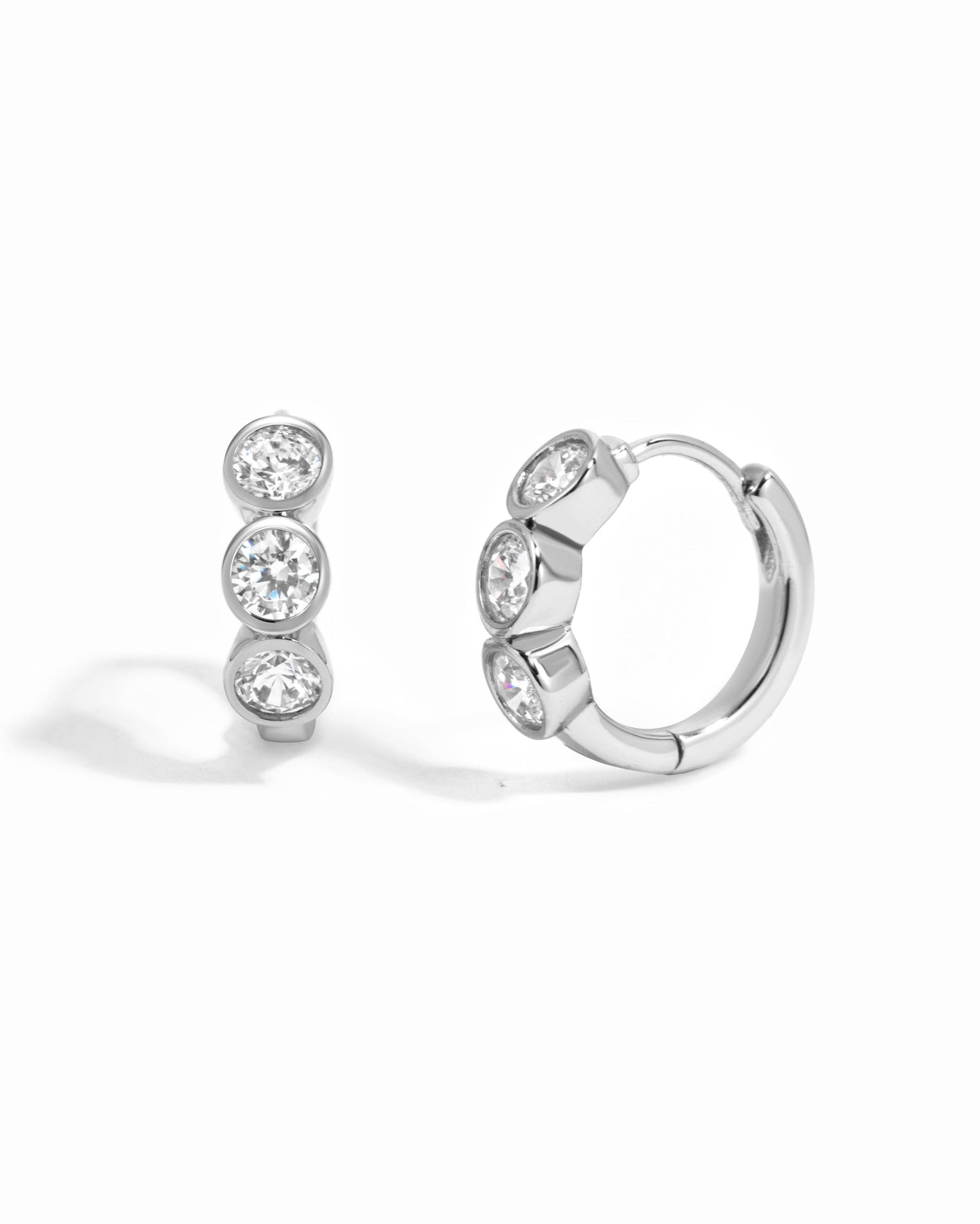 Bezel 3 Stone Huggie Hoop Earrings