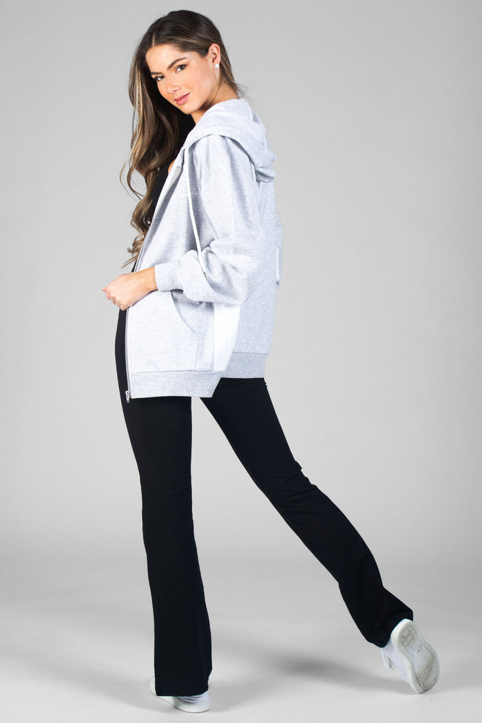Woman wearing black Bootcut Jersey Trousers and grey hoodie