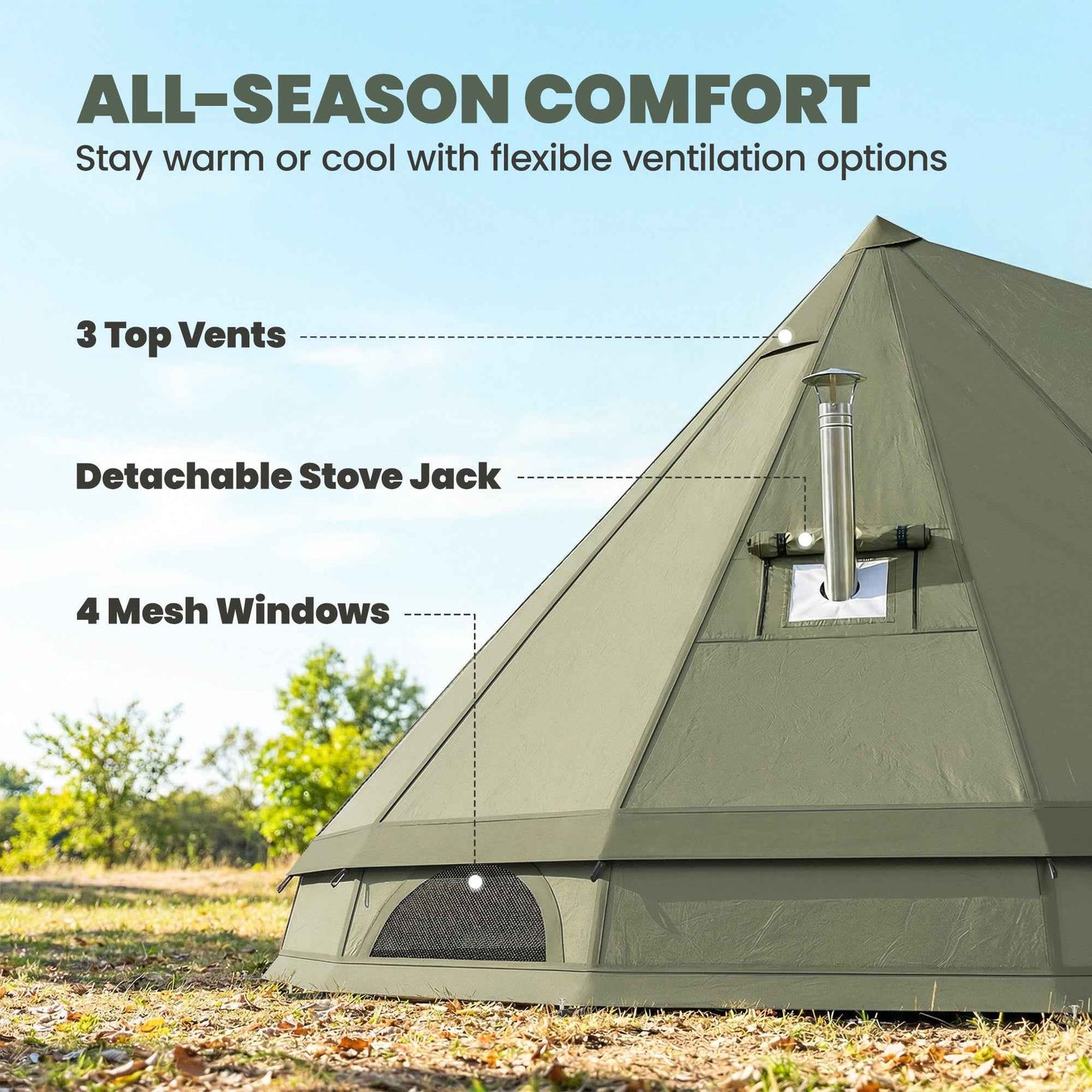 4-6 Person Teepee Tent with Stove Jack – 4-Season Hot Tent