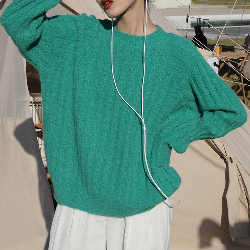 Women's Round-Neck Loose Knit Pullover Sweater – 5 Colors, One Size