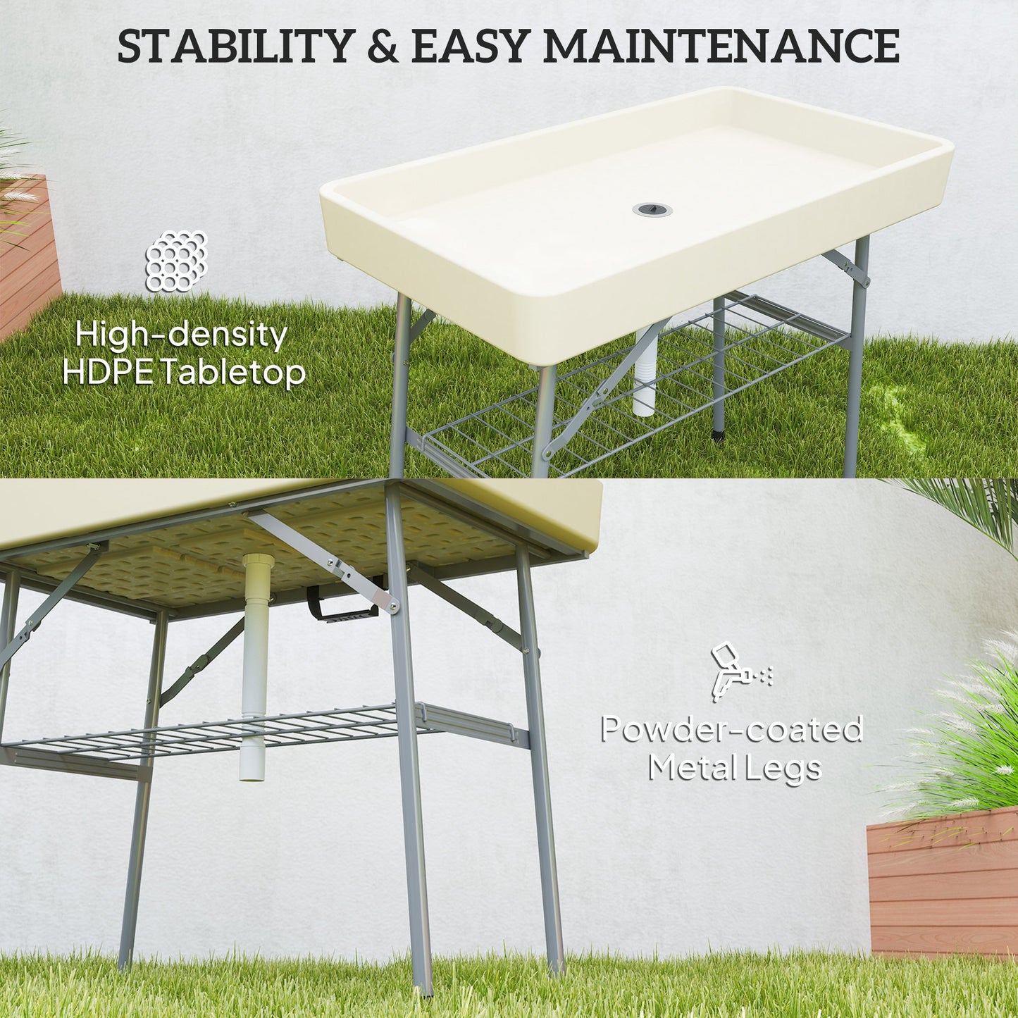 Folding Ice Cooler Table with Drain & Storage Shelf – 110 lb. Capacity