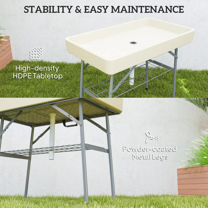 Folding Ice Cooler Table with Drain & Storage Shelf – 110 lb. Capacity