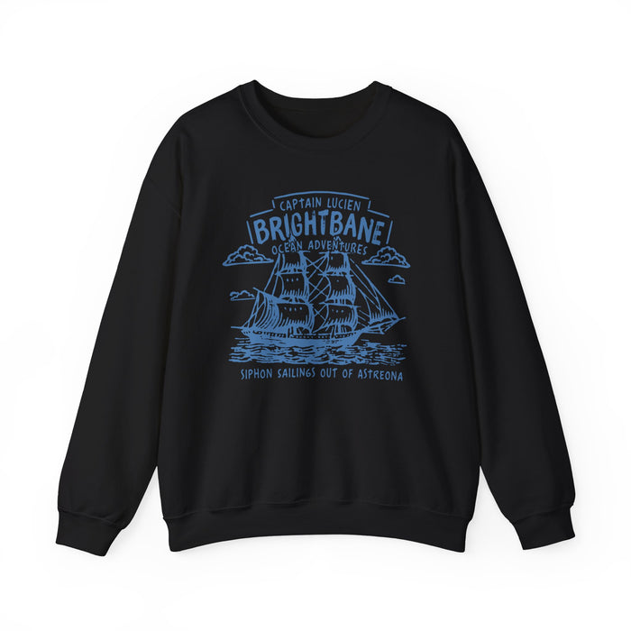 A black oversized crewneck sweatshirt from thtgrlreads featuring a vintage-style blue graphic of a sailing ship with text inspired by the Wolves of Ruin series, printed on a soft Comfort Colors base by Printify, part of the Crewnecks collection.