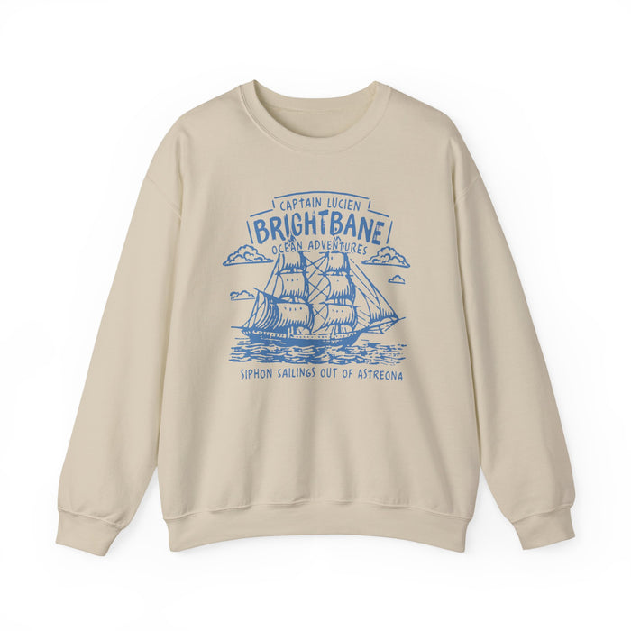 thtgrlreads Wolves of Ruin collection crewneck featuring a vintage-washed Comfort Colors beige sweatshirt with a blue nautical ship graphic and text, designed by Printify.