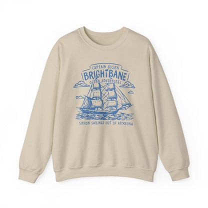 thtgrlreads Wolves of Ruin collection crewneck featuring a vintage-washed Comfort Colors beige sweatshirt with a blue nautical ship graphic and text, designed by Printify.
