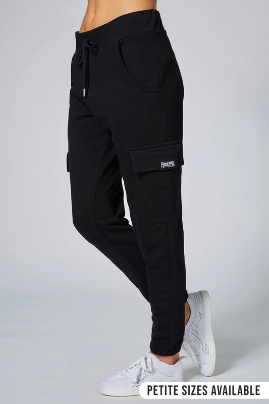 black joggers with cargo pockets and drawcord waistband against a grey background