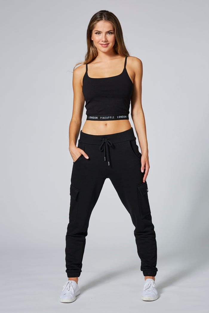 Woman wearing Black Cargo Joggers
