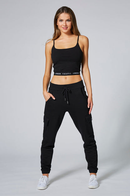 Woman wearing Black Cargo Joggers