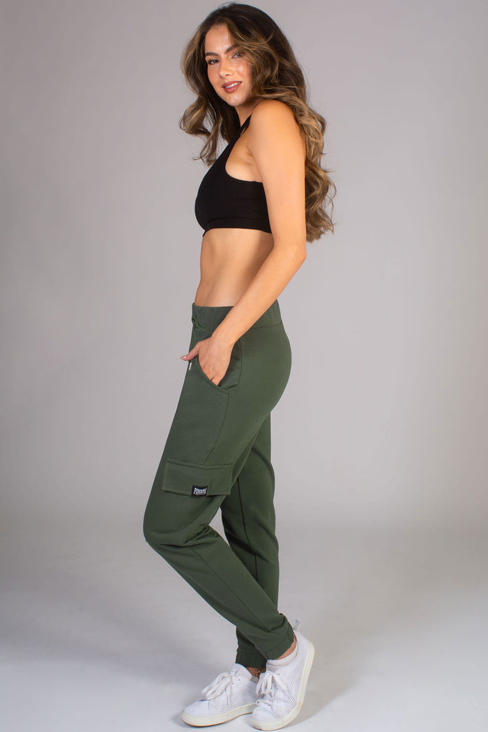 Women's dark green cargo joggers from Pineapple Dance Studios worn by Kianna Louise
