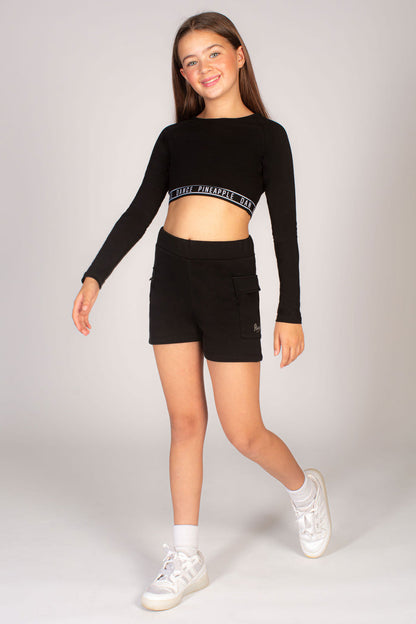 Black baggy shorts in cargo style for young girls and teens by Pineapple Dance Studios