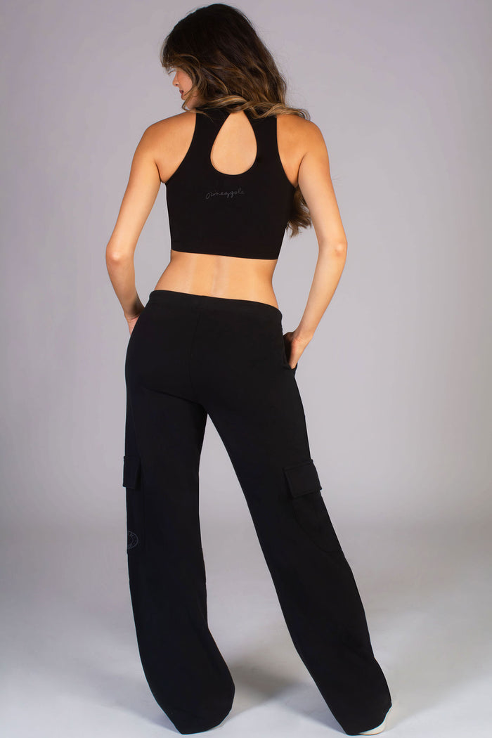 Pineapple black wide leg joggers for women paired with turtle neck crop top