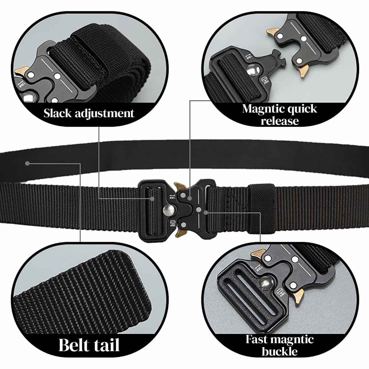 Men's Tactical Nylon Belt – Quick Release, Hole-Less Adjustable, Black