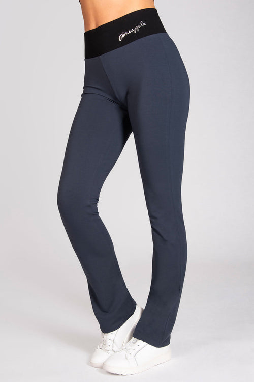 Women's dark grey high waisted bootcut jersey flared yoga trousers.