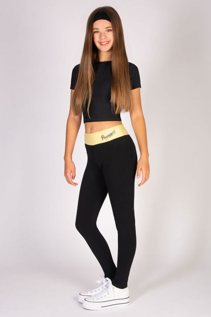 black dance leggings for teens with wide elasticated yellow waistband