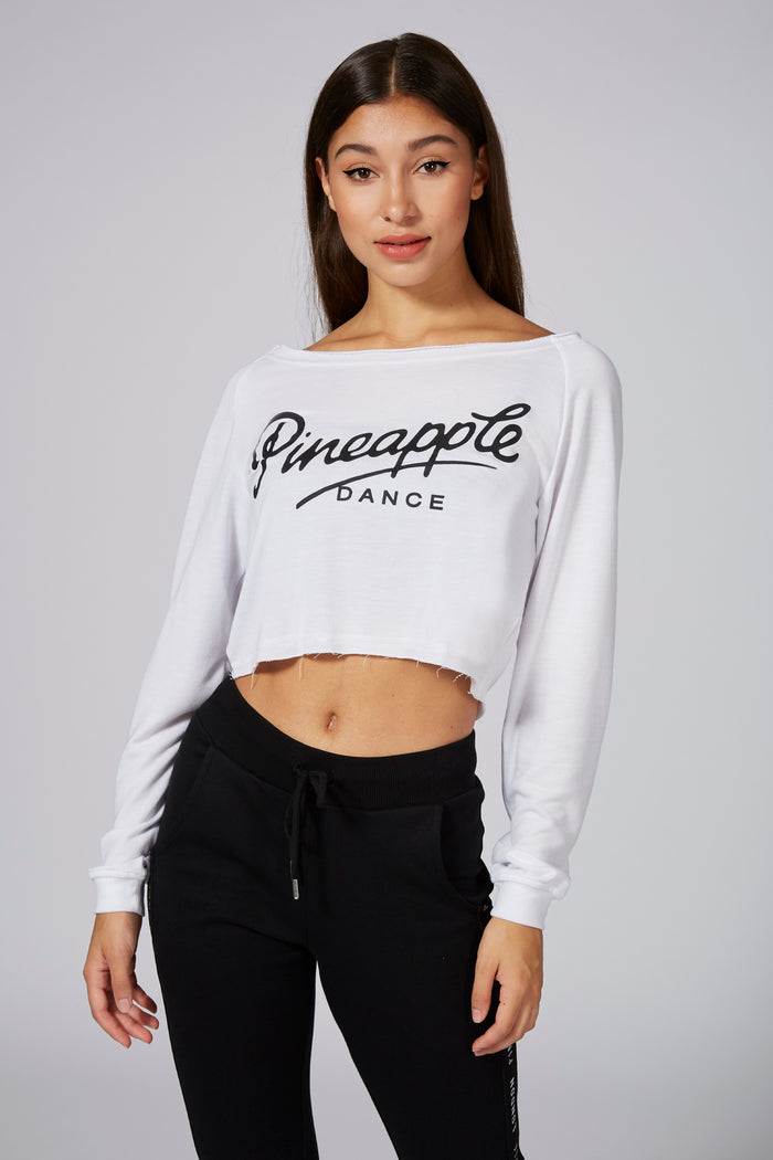 Woman wearing Pineapple White Retro Off Shoulder Crop Top
