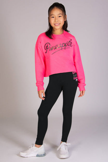 Neon pink sweater for girls with silver foil embossed Pineapple logo across the chest