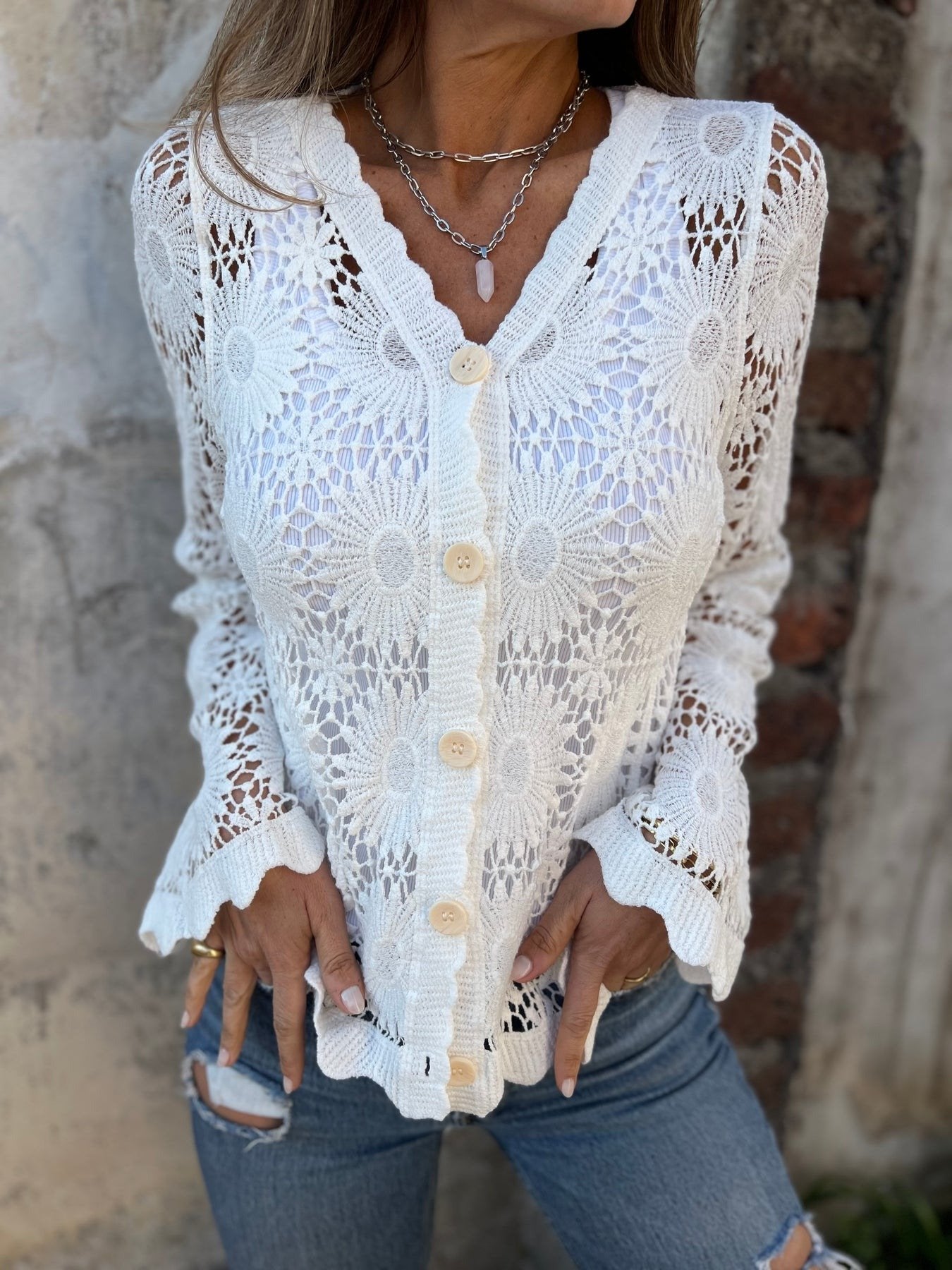 üèÜFlash Sale‚ö° 50K+ SOLD! Almost Gone-üí•Cutout Embroidered V-Neck Button Long Sleeve Top,Best gifts
