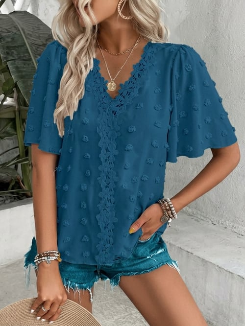 üî• Elegant Swiss Dot Lace Butterfly Sleeve Shirt, Long Sleeve Commuter Top, Loose Fit Casual Summer Blouse for Women