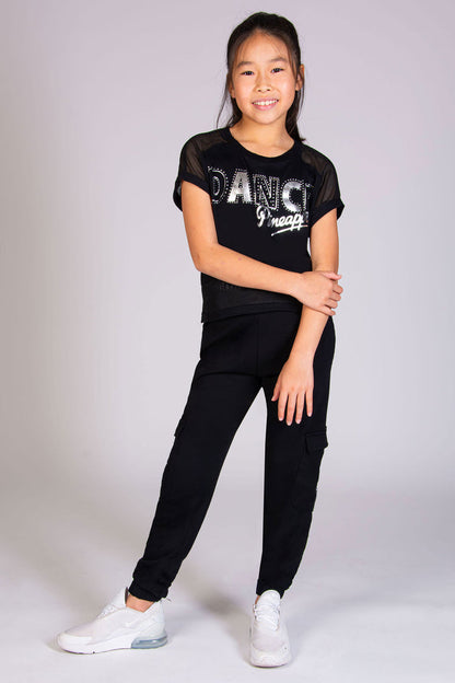 Girls' black cropped tee with Pineapple Dance silver foil print and sparkly studs.