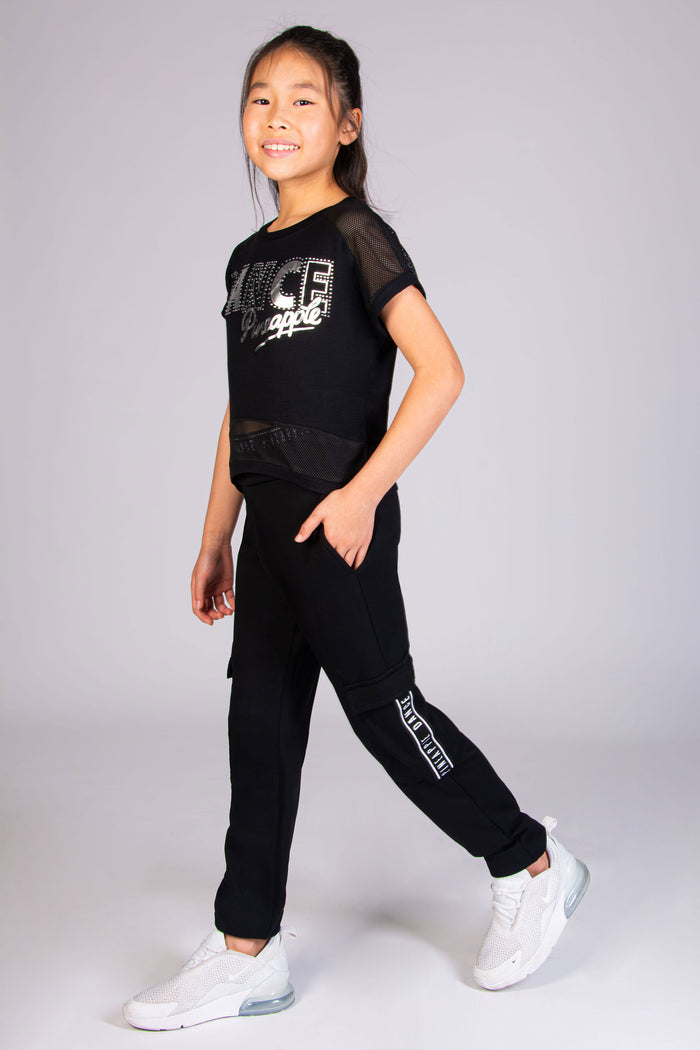 Black crop t-shirt for girls with silver foil dance print and diamantés.