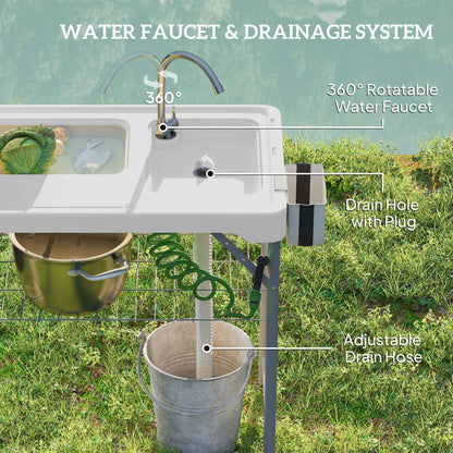 Deluxe Folding Fish Cleaning Table with Dual Sinks, Drawer & Storage Basket