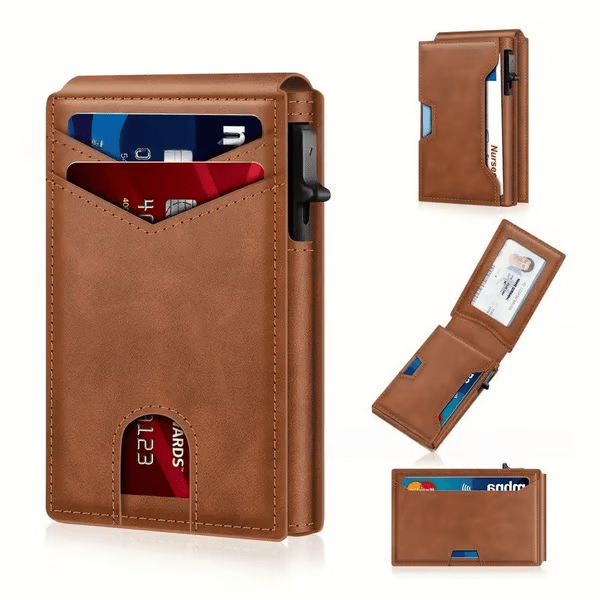üí•üéÅ Slim Wallet for Men with Pop-Up Aluminum Case, RFID Blocking  Minimalist Leather Bifold Card Holder
