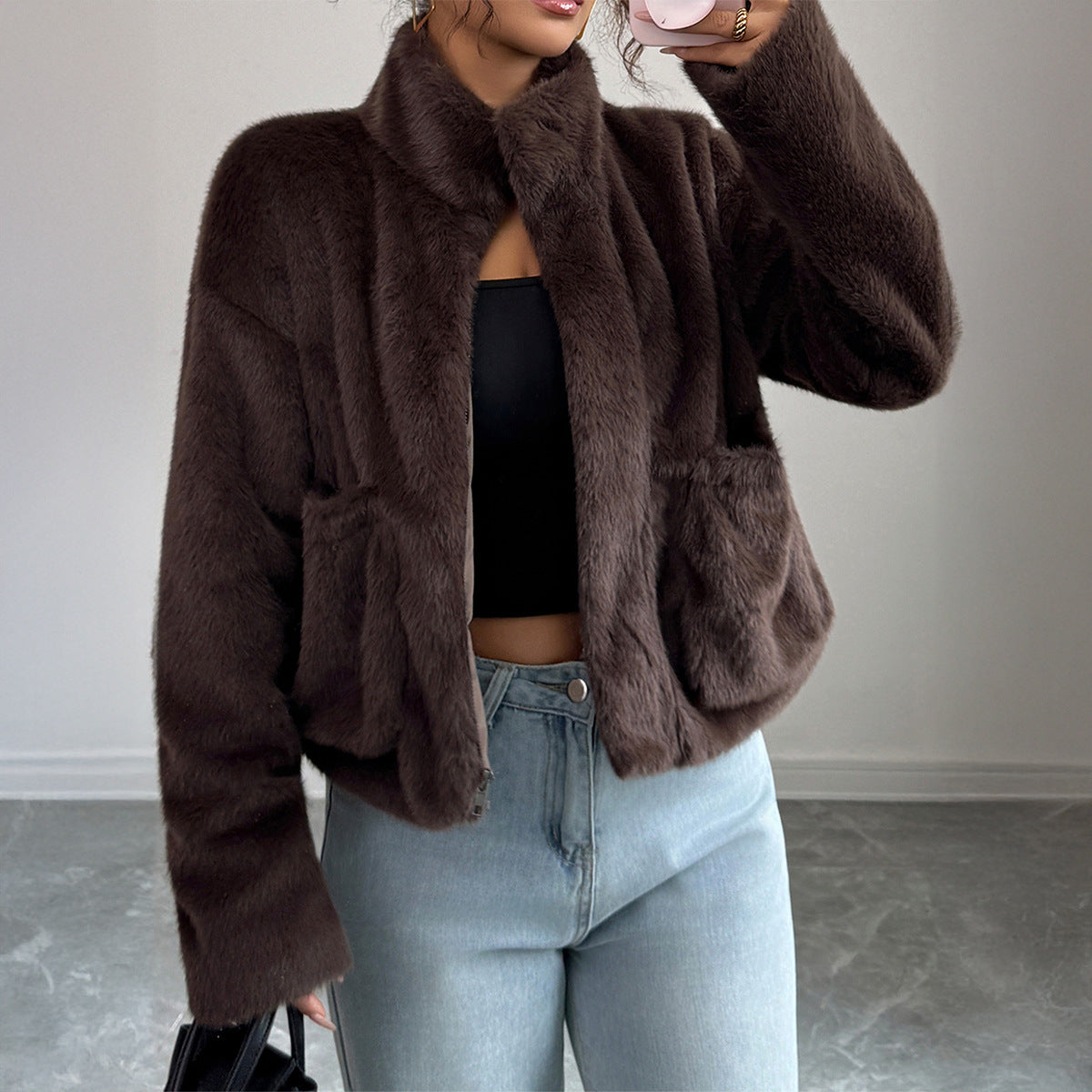 Women's Faux Fur Collar Long-Sleeve Coat – Dark Brown