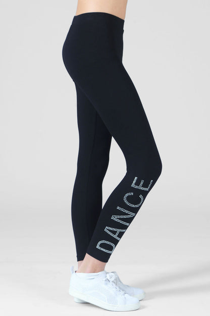 Girl wearing Pineapple black Diamante 'DANCE' Leggings