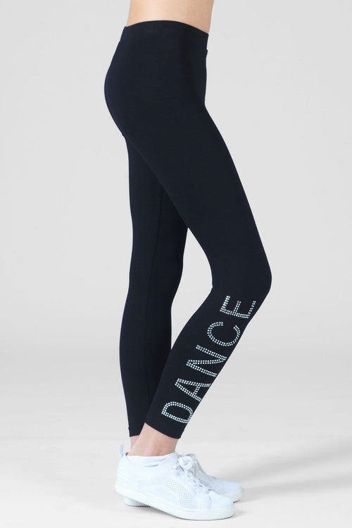 Girl wearing Pineapple black Diamante 'DANCE' Leggings