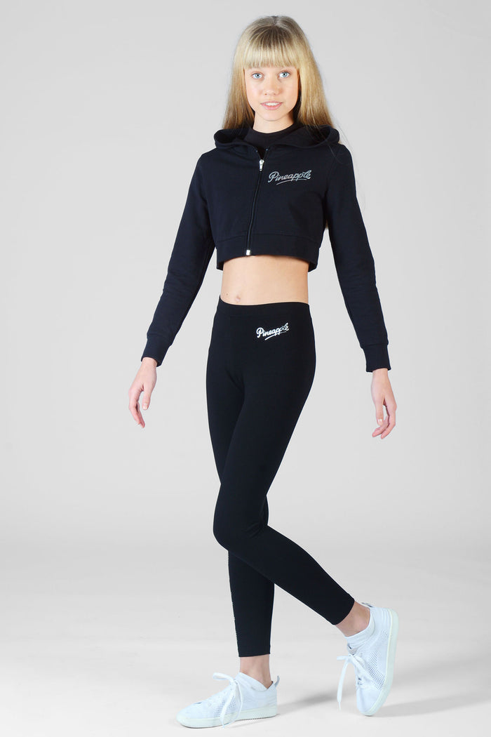 Girl wearing black Diamante 'DANCE' full-length Leggings and matching jacket