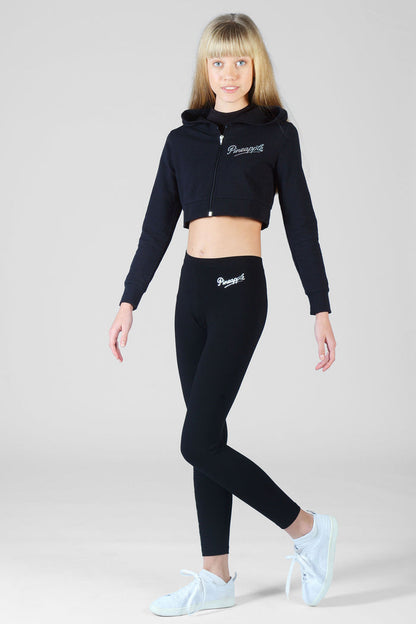 Girl wearing black Diamante 'DANCE' full-length Leggings and matching jacket